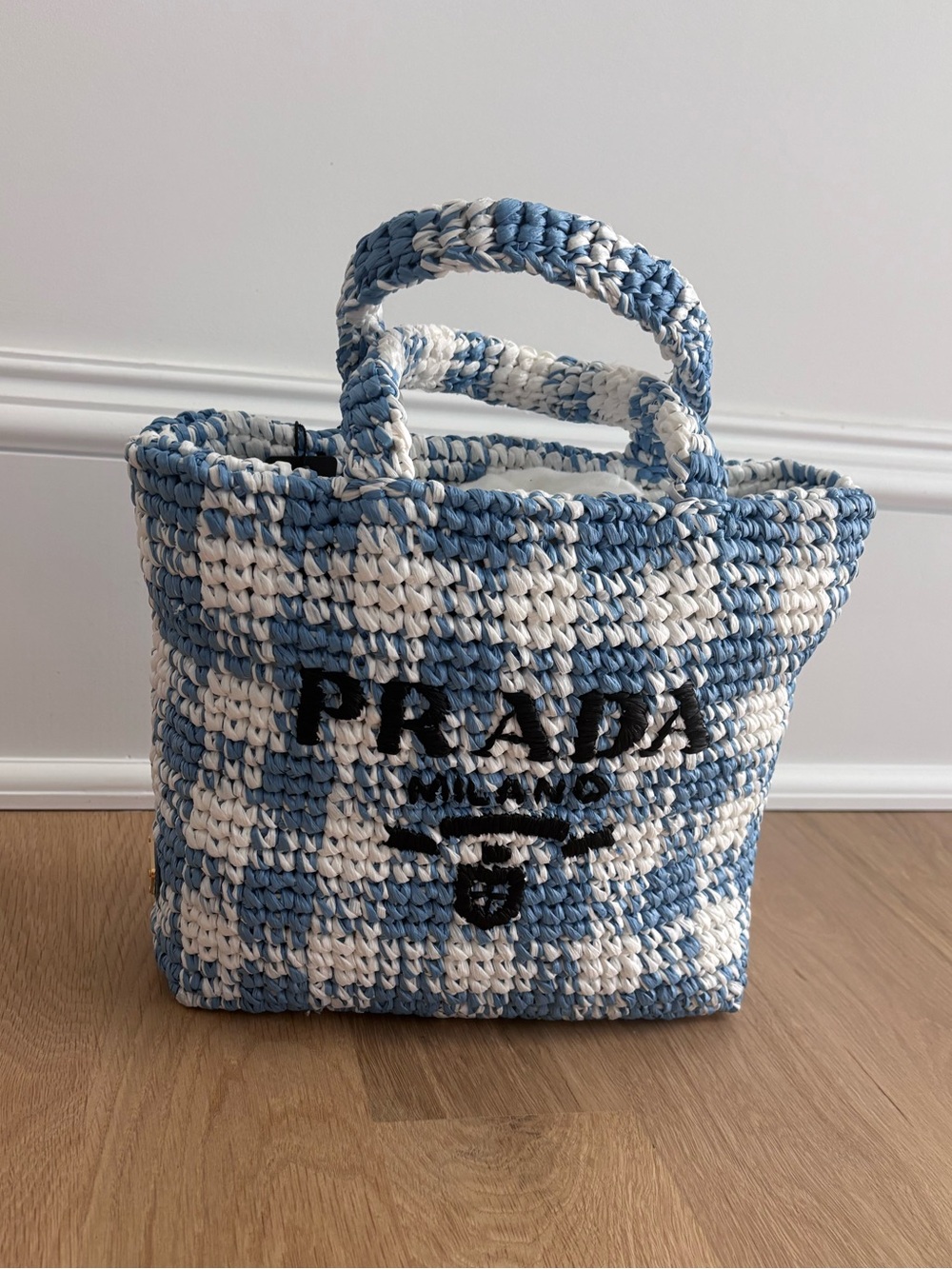 Prada Blue and White Crochet Tote with Logo